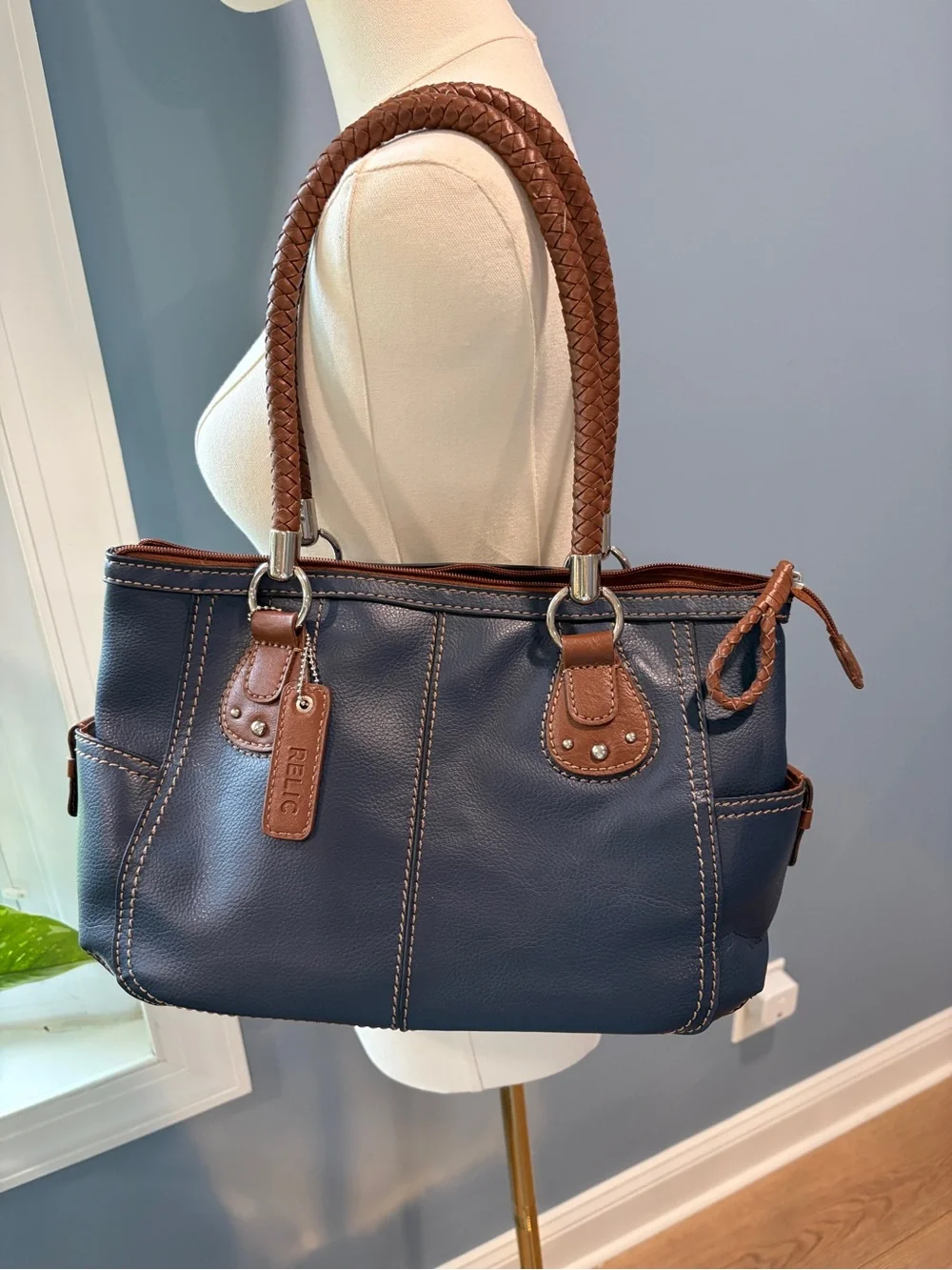 Relic by Fossil Blue Faux Leather Tote Shoulder Bag Braided Handles